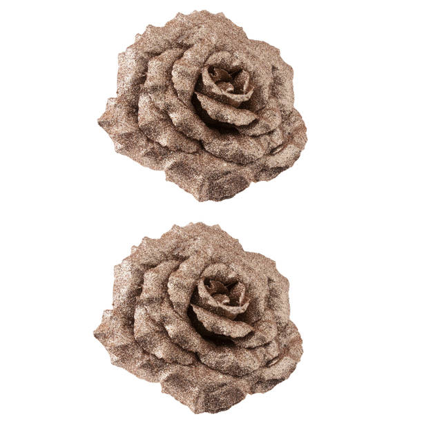6x stuks decoratie bloemen roos champagne glitter op clip 18 cm - Kunstbloemen