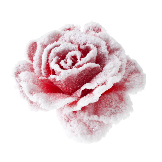 2x stuks decoratie bloemen roos roze met sneeuw op clip 15 cm - Kunstbloemen