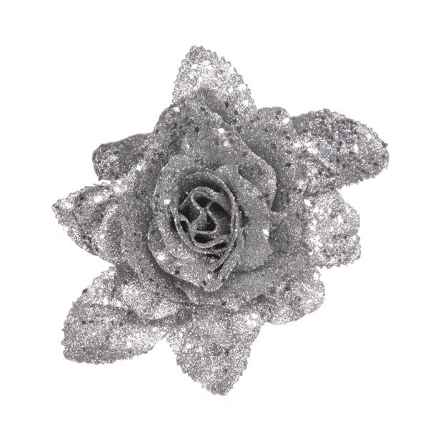 2x stuks decoratie bloemen roos zilver glitter met blad op clip 15 cm - Kunstbloemen