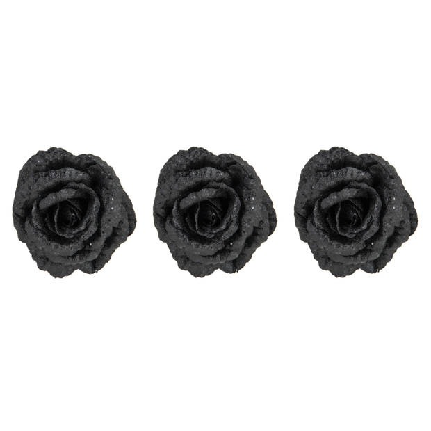 2x stuks decoratie bloemen roos zwart glitter op clip 15 cm - Kunstbloemen