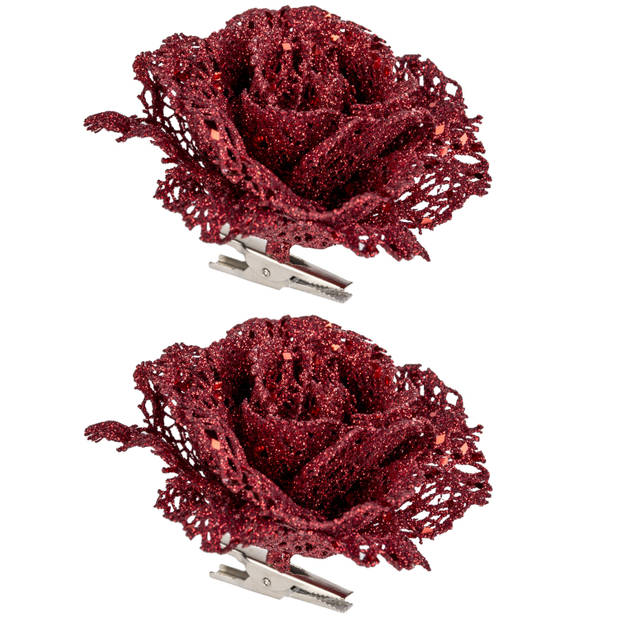 2x stuks decoratie bloemen roos rood glitter op clip 10 cm - Kunstbloemen