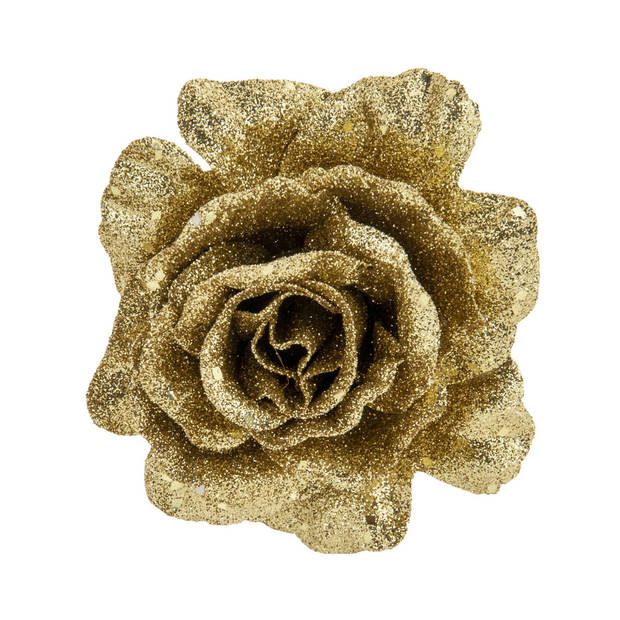 2x stuks decoratie bloemen roos goud glitter op clip 10 cm - Kunstbloemen