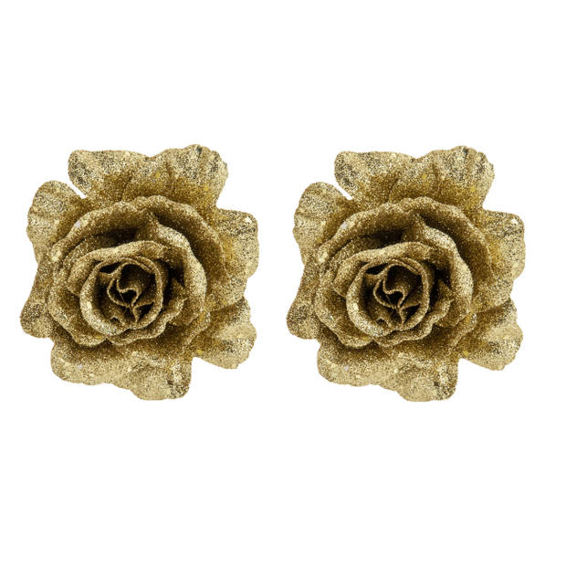 6x stuks decoratie bloemen roos goud glitter op clip 10 cm - Kunstbloemen