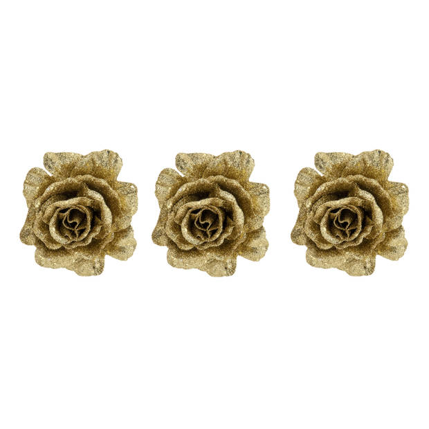2x stuks decoratie bloemen roos goud glitter op clip 10 cm - Kunstbloemen