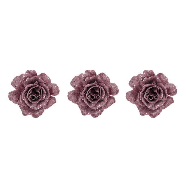 2x stuks kerstboom bloemen roos roze glitter op clip 10 cm - Kersthangers