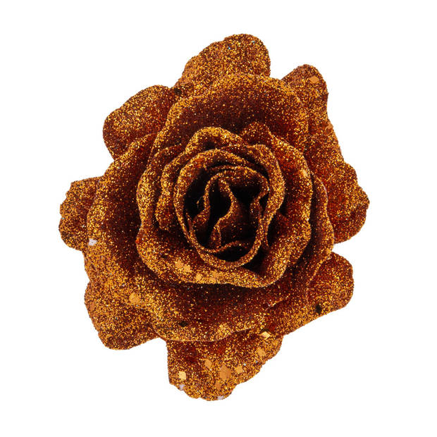 2x stuks decoratie bloemen roos koper glitter op clip 10 cm - Kunstbloemen