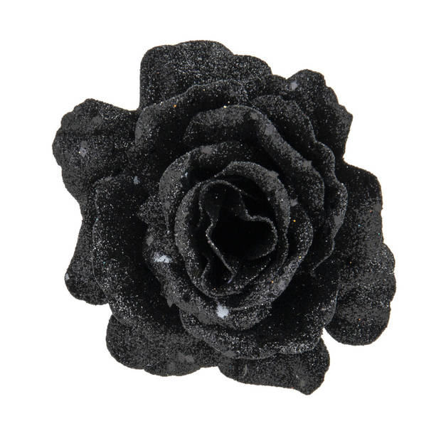 2x stuks decoratie bloemen roos zwart glitter op clip 10 cm - Kunstbloemen