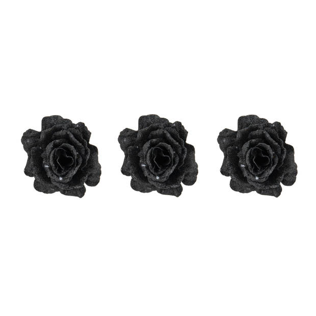 2x stuks decoratie bloemen roos zwart glitter op clip 10 cm - Kunstbloemen