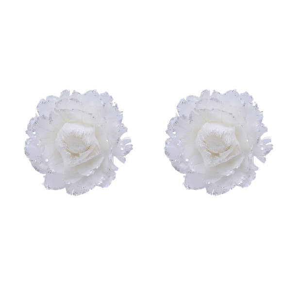 2x stuks decoratie bloemen wit met veertjes op clip 11 cm - Kunstbloemen