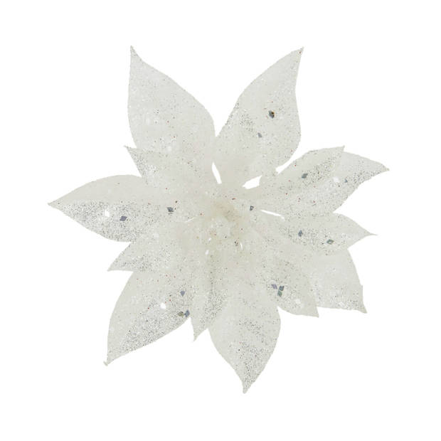 2x stuks decoratie bloemen kerstster wit glitter op clip 15 cm - Kunstbloemen