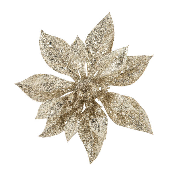 6x stuks decoratie bloemen kerstster champagne glitter op clip 15 cm - Kunstbloemen