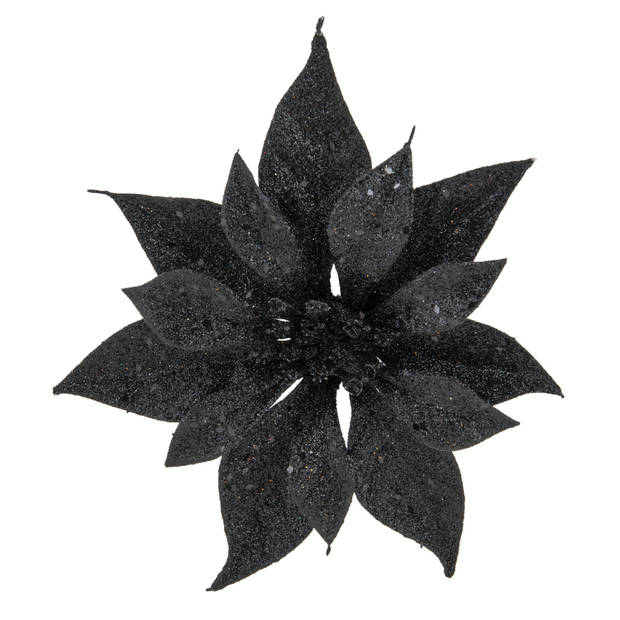 3x stuks decoratie bloemen kerstster zwart glitter op clip 18 cm - Kunstbloemen