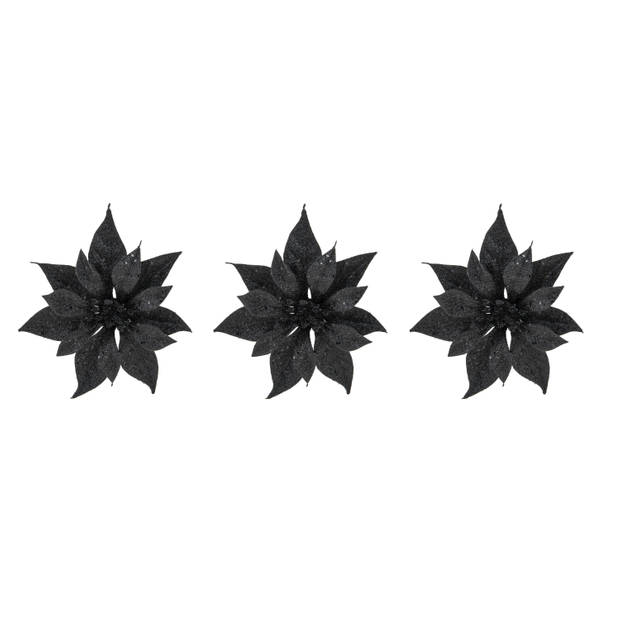 6x stuks decoratie bloemen kerstster zwart glitter op clip 18 cm - Kunstbloemen