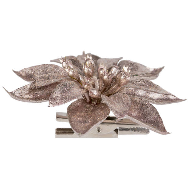 2x stuks decoratie bloemen kerstster roze glitter op clip 9 cm - Kunstbloemen