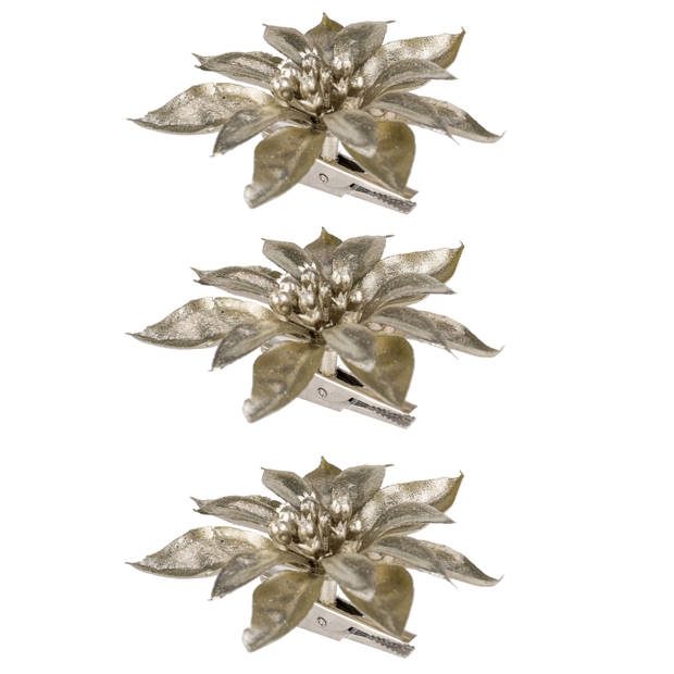 3x stuks decoratie bloemen kerstster champagne glitter op clip 9 cm - Kunstbloemen