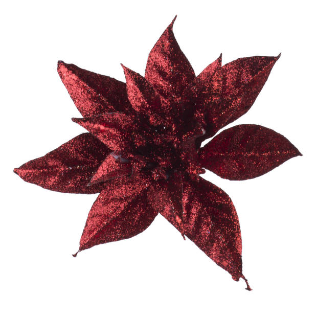 2x stuks decoratie bloemen kerstster rood glitter op clip 15 cm - Kunstbloemen