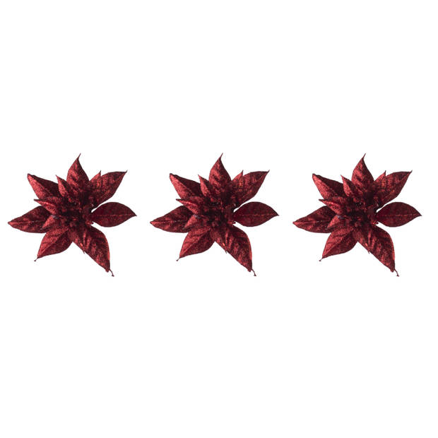 4x stuks decoratie bloemen kerstster rood glitter op clip 15 cm - Kunstbloemen