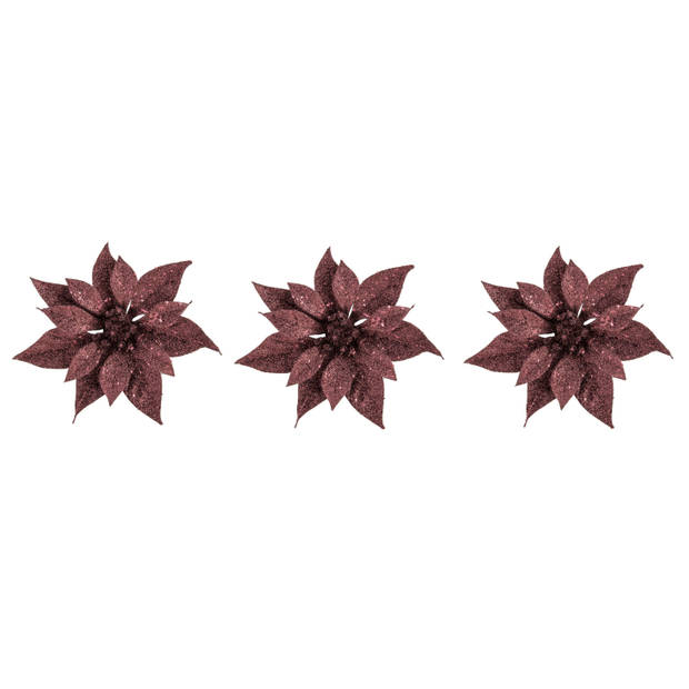 3x stuks decoratie bloemen kerstster donkerrood glitter op clip 18 cm - Kunstbloemen