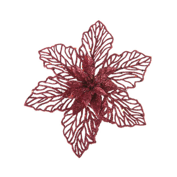 2x stuks decoratie bloemen kerstster rood glitter op clip 17 cm - Kunstbloemen