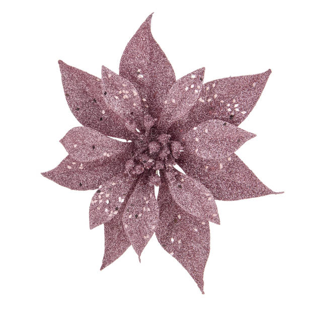 3x stuks decoratie bloemen kerstster roze glitter op clip 18 cm - Kunstbloemen