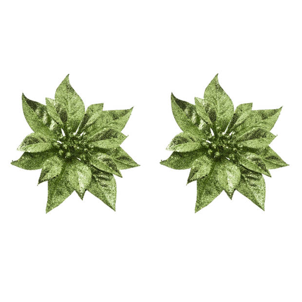 2x stuks decoratie bloemen kerstster groen glitter op clip 18 cm - Kunstbloemen