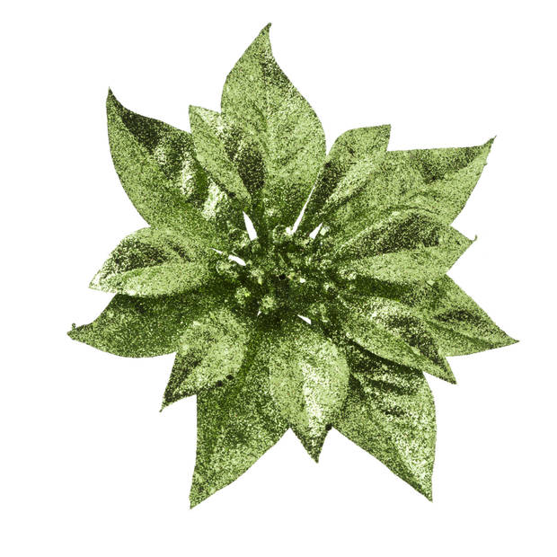3x stuks decoratie bloemen kerstster groen glitter op clip 18 cm - Kunstbloemen