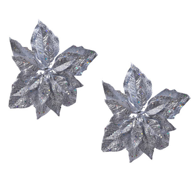 2x stuks decoratie bloemen kerstster zilver glitter op clip 23 cm - Kunstbloemen