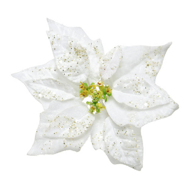 3x stuks decoratie bloemen kerstster wit glitter op clip 20 cm - Kunstbloemen