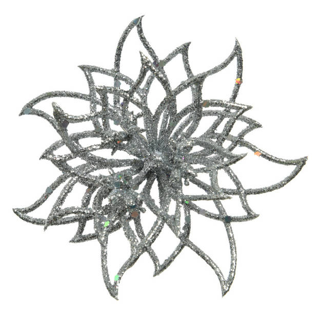 Decoris Kerstboom bloemen op clip - 2x st - zilver glitter - 14 cm - Kersthangers