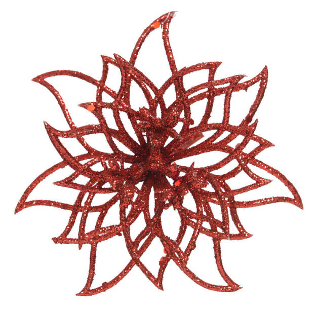 3x stuks decoratie bloemen kerstster rood glitter op clip 14 cm - Kunstbloemen