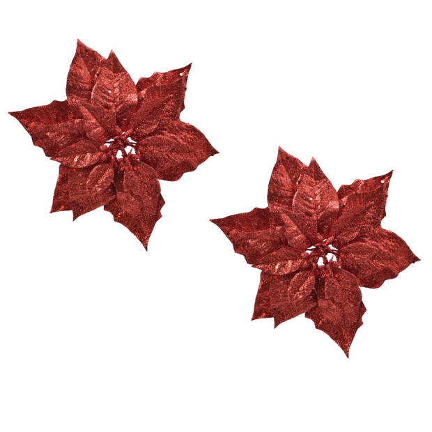 2x stuks decoratie bloemen kerstster rood glitter op clip 23 cm - Kunstbloemen