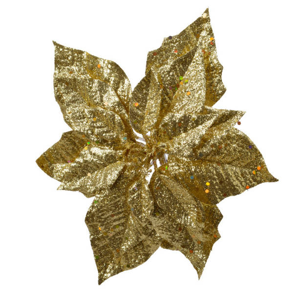 6x stuks decoratie bloemen kerstster goud glitter op clip 23 cm - Kunstbloemen