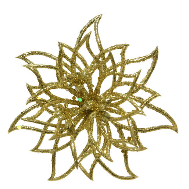 3x stuks decoratie bloemen kerstster goud glitter op clip 14 cm - Kunstbloemen