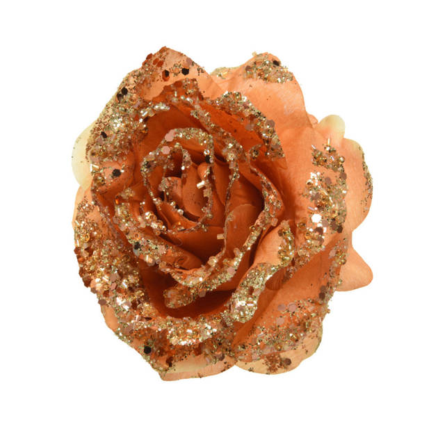 2x stuks decoratie bloemen roos terra bruin glitter op clip 14 cm - Kunstbloemen