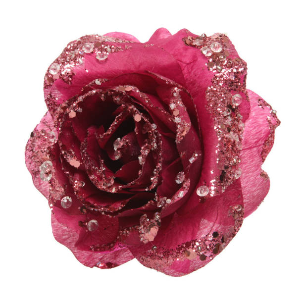 2x stuks decoratie bloemen roos framboos roze (magnolia) glitter op clip 14 cm - Kunstbloemen