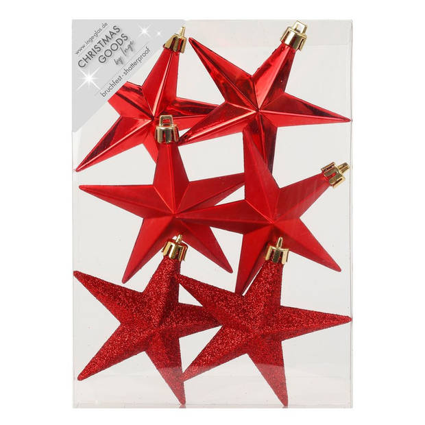 12x stuks kunststof kersthangers sterren rood 10 cm kerstornamenten - Kersthangers