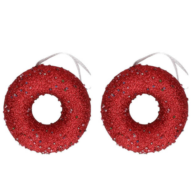 2x Kerst rode donuts kerstornamenten kersthangers 10 cm - Kersthangers