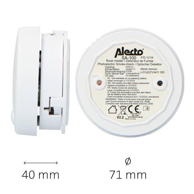 Mini rookmelder met 5 jaar batterij, 4 pack Alecto Wit