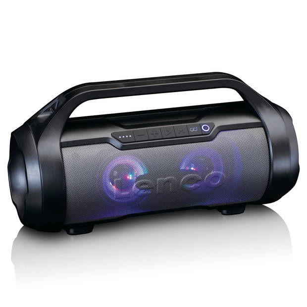 Splashproof Bluetooth® speaker met FM radio,USB en SD, party lights Lenco Zwart