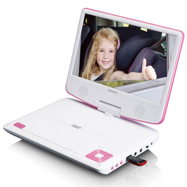 Portable 9" DVD-speler met USB-hoofdtelefoon-ophangbeugel Lenco Wit-Roze