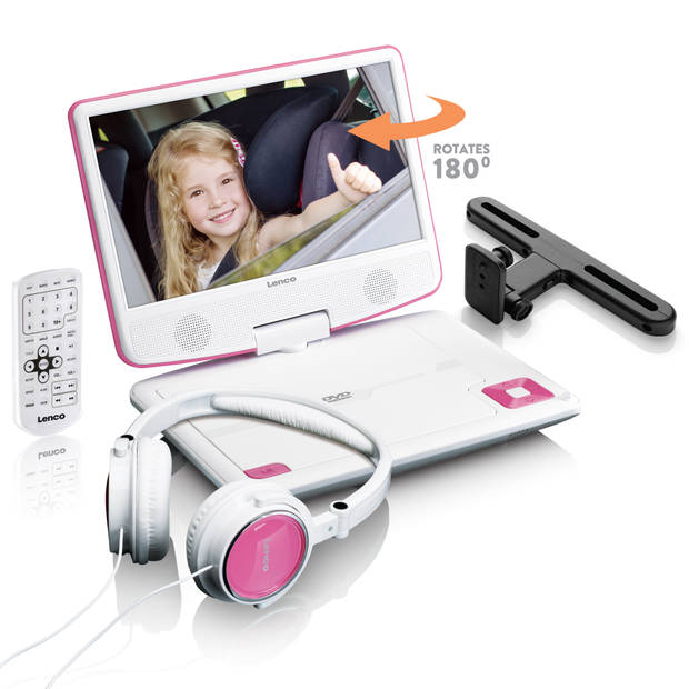 Portable 9" DVD-speler met USB-hoofdtelefoon-ophangbeugel Lenco DVP-910PK Wit-Roze