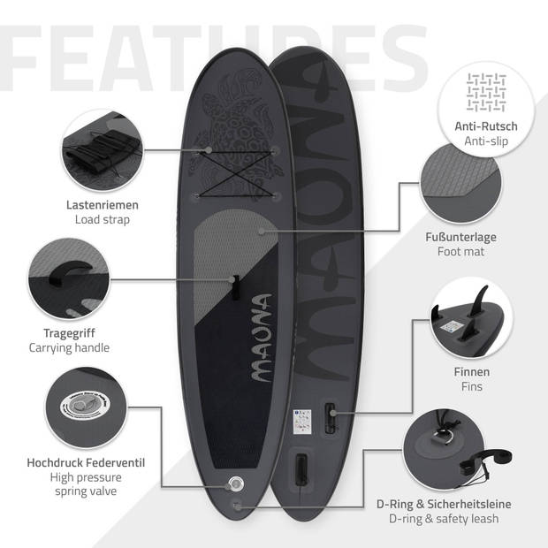 Opblaasbare Stand Up Paddle Board Maona, 308 x 76 x 10 cm, zwart, incl. pomp en draagtas, gemaakt van PVC en EVA.