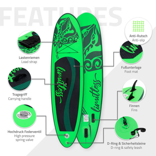 Opblaasbare Stand Up Paddle Board Limitless, 308 x 76 x 10 cm, groen, incl. pomp en draagtas, gemaakt van PVC en EVA
