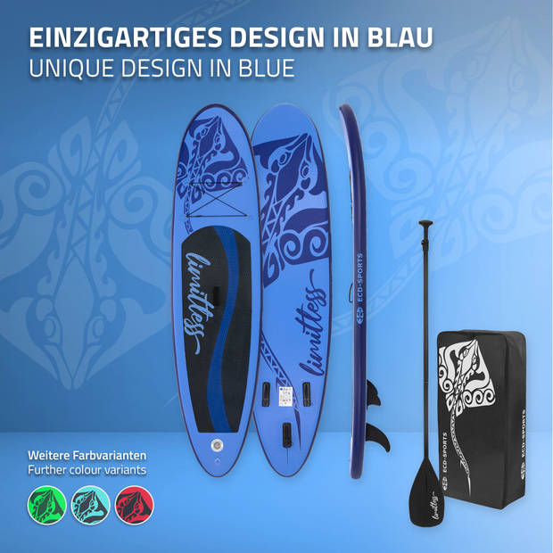 Opblaasbare Stand Up Paddle Board Limitless, 308 x 76 x 10 cm, blauw, incl. pomp en draagtas, gemaakt van PVC en EVA