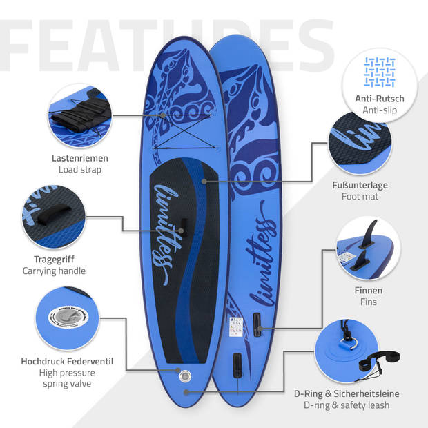 Opblaasbare Stand Up Paddle Board Limitless, 308 x 76 x 10 cm, blauw, incl. pomp en draagtas, gemaakt van PVC en EVA