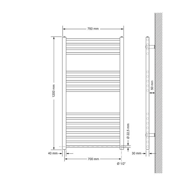 Badkamerradiator Sahara 750 x 1200 mm Chroom rechte zijaansluiting met verwarmingselement 900 B