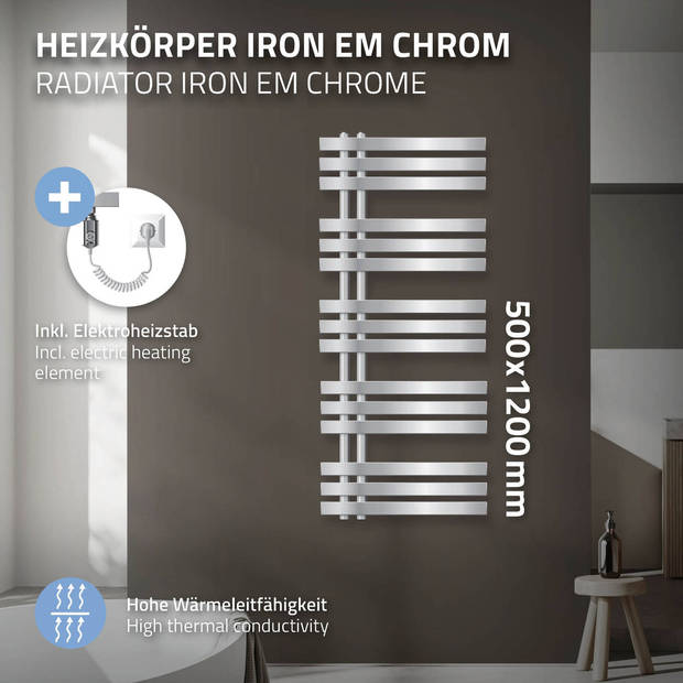 ECD Germany Strijkijzer EM design badkamerradiator elektrisch met verwarmingselement 900 B - 500 x 1200 mm - chroom