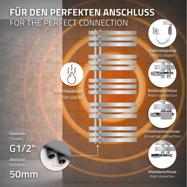 ECD Germany Strijkijzer EM design badkamerradiator elektrisch met verwarmingselement 900 B - 500 x 1200 mm - chroom