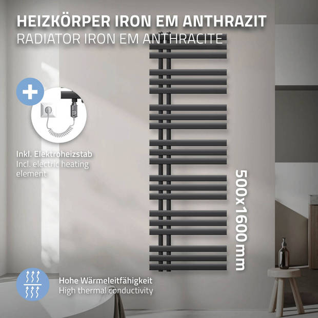 ECD Germany Strijkijzer EM design badkamerradiator elektrisch met verwarmingselement 900 B - 500 x 1600 mm - antraciet