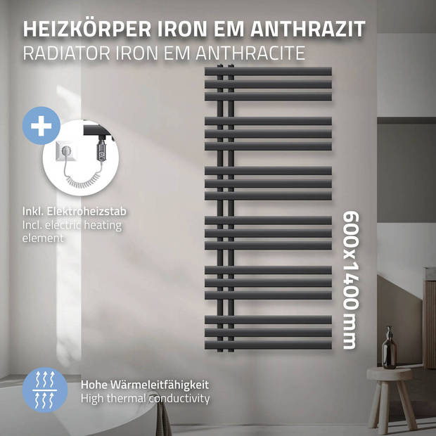 ECD Germany Strijkijzer EM design badkamerradiator elektrisch met verwarmingselement 900W - 600 x 1400 mm - antraciet